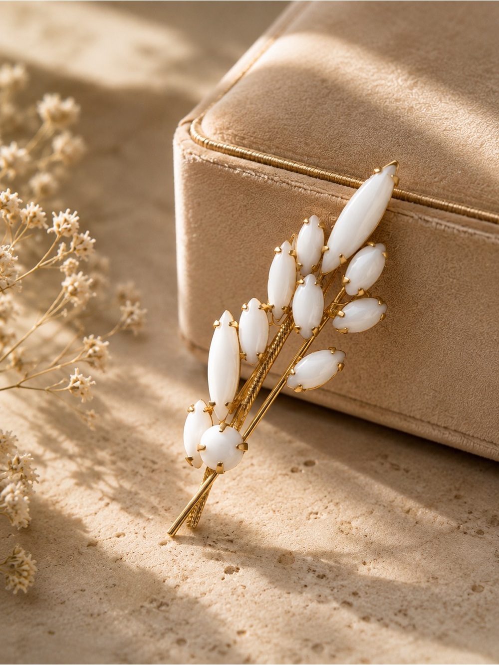 Vintage White Milk Glass Floral Leaf Brooch Gold Tone